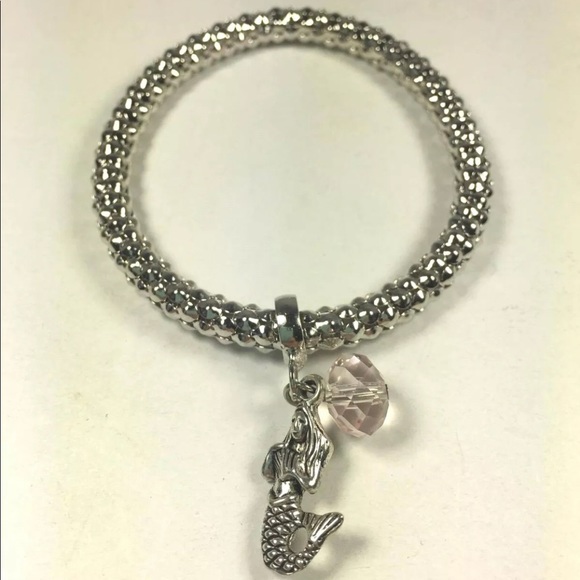 Silver Mermaid Pink Ball Stretch Charm Bracelet - Picture 2 of 2